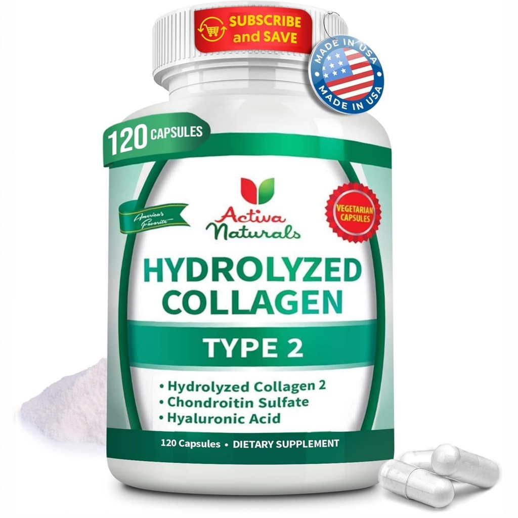 Collagène de type 2 supplément hydrolysé avec Chondroïtine et Hyaluronique, pour cheveux, peau et ongles sains, sans remplissage, additifs et sans couleurs artificielles - 120 capsules végétariennes