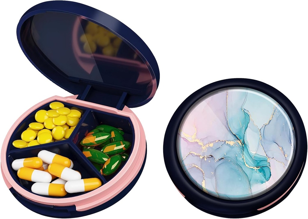 Serfeymi Small Pill Box - 3 Compartments Portable Pill Box for Purse Pocket, Compact Mini Travel Pill Case - Geschikt voor geneeskunde, vitamine, visolie, supplementen - Donkerblauw(Marmer)