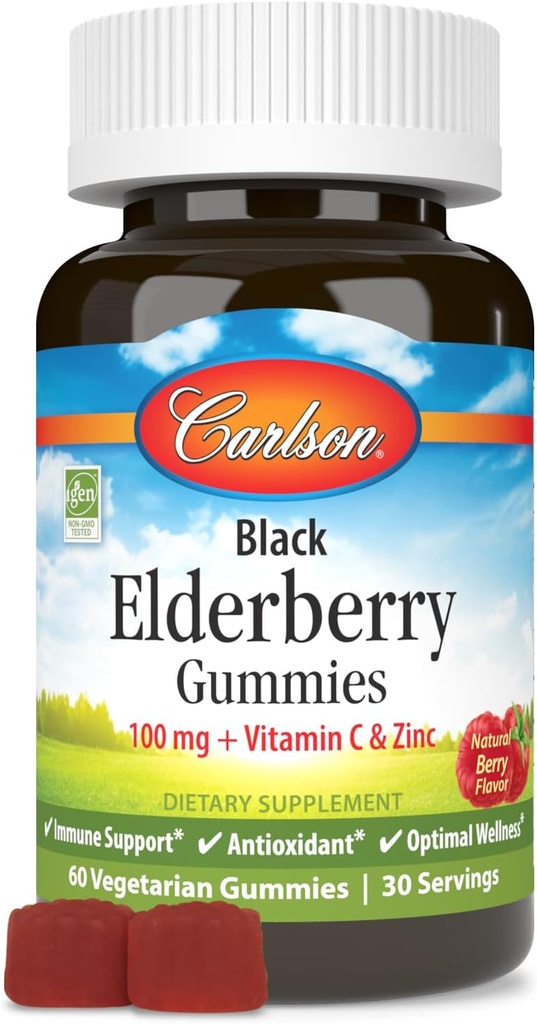 Carlson - Zwarte Vlierbessen Gummies, met vitamine C & Zink, Immune Support, 60 Gummies