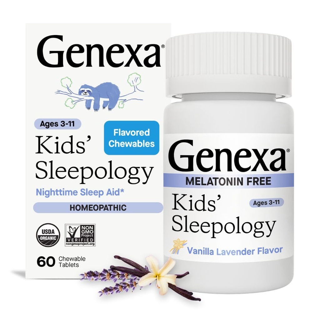 Genexa Sleepologie voor kinderen 60 tabletten Gecertificeerde biologische & niet-GMO, Melatonine-vrij, Geformuleerde arts, Homeopathische slaaphulp voor kinderen
