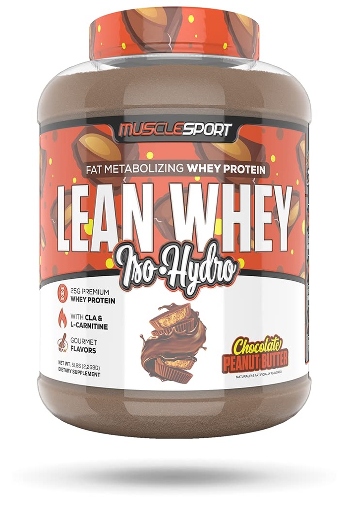 Musclesport Lean Whey RevolutionTM Poudre de protéines - Isolation de protéines de lactosérum - Faible teneur en calories, faible teneur en glucides, faible teneur en gras, colorants incroyables - 25g Protéines par scoop - Beurre d'arachide au chocolat de 5lb