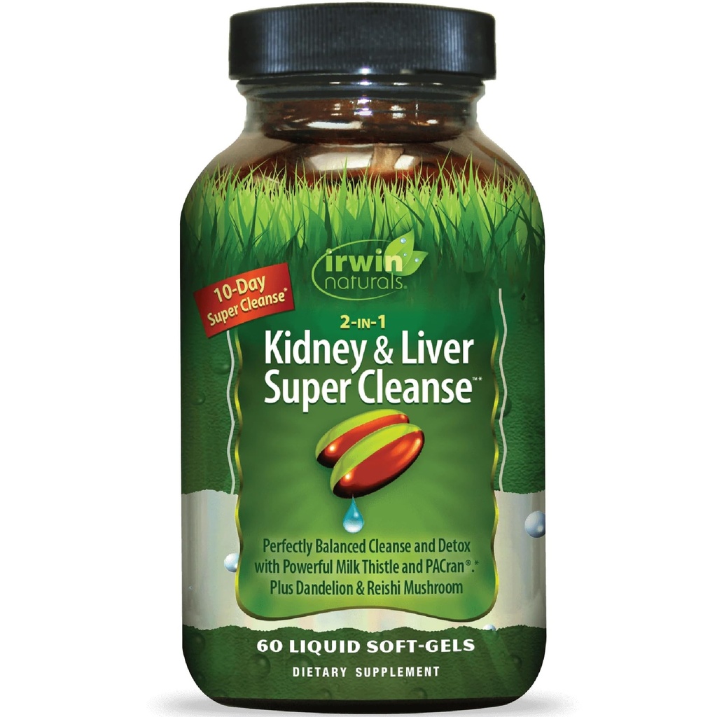 Irwin Naturals 2-in-1 Kidney & Liver Super Cleanse (10-Day) - Balanced Liver Detox & Kidney Cleanse - Milk Thistle Dandelion Root & Reishi Mushroom - Whole-Body Detox Formula - 60 Liquid Soft-Gels