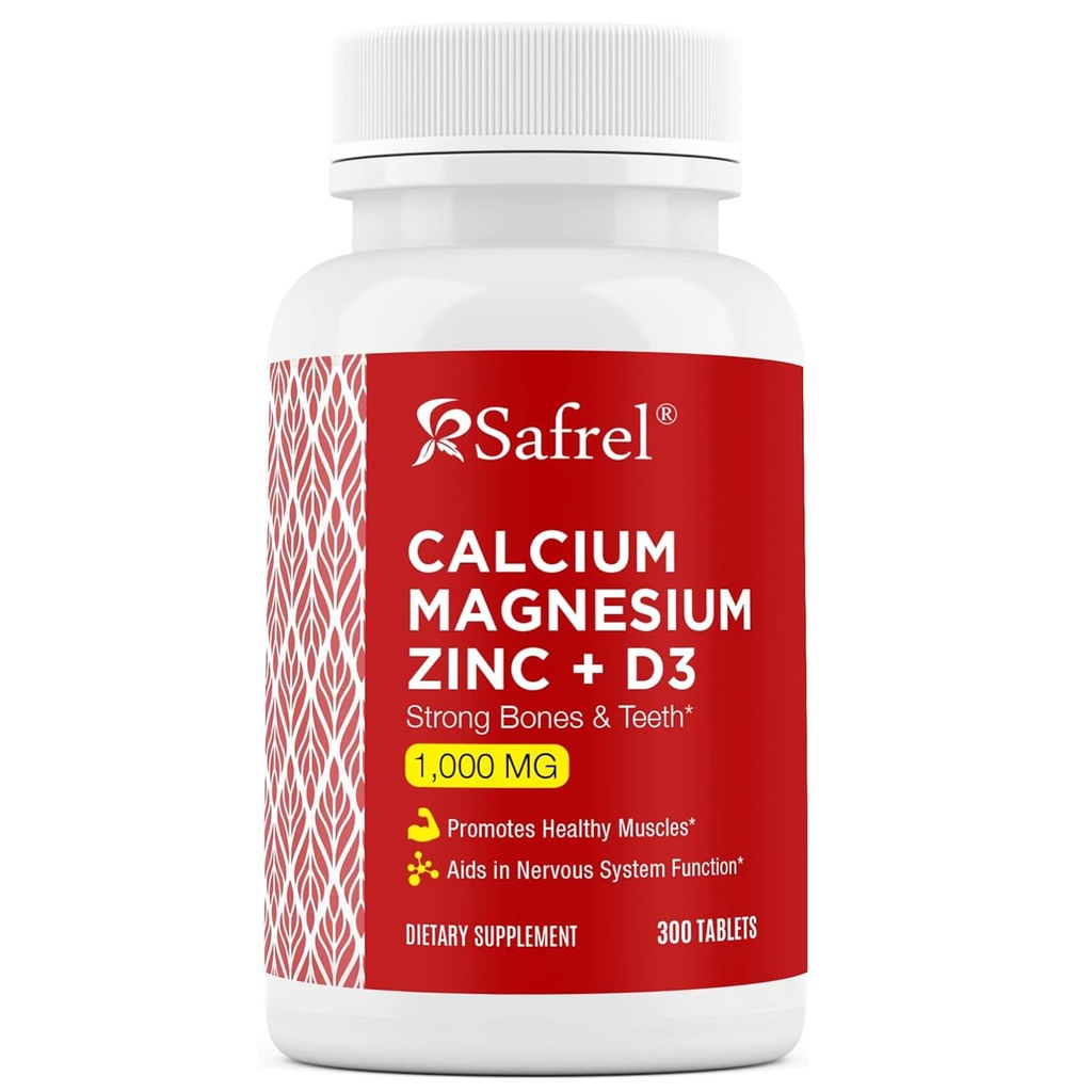 Safrel Zinc de magnésium avec vitamine D3, 300 comprimés - calcium 1000 mg, magnésium 400 mg, zinc 20 mg et D3 600 UI par portion