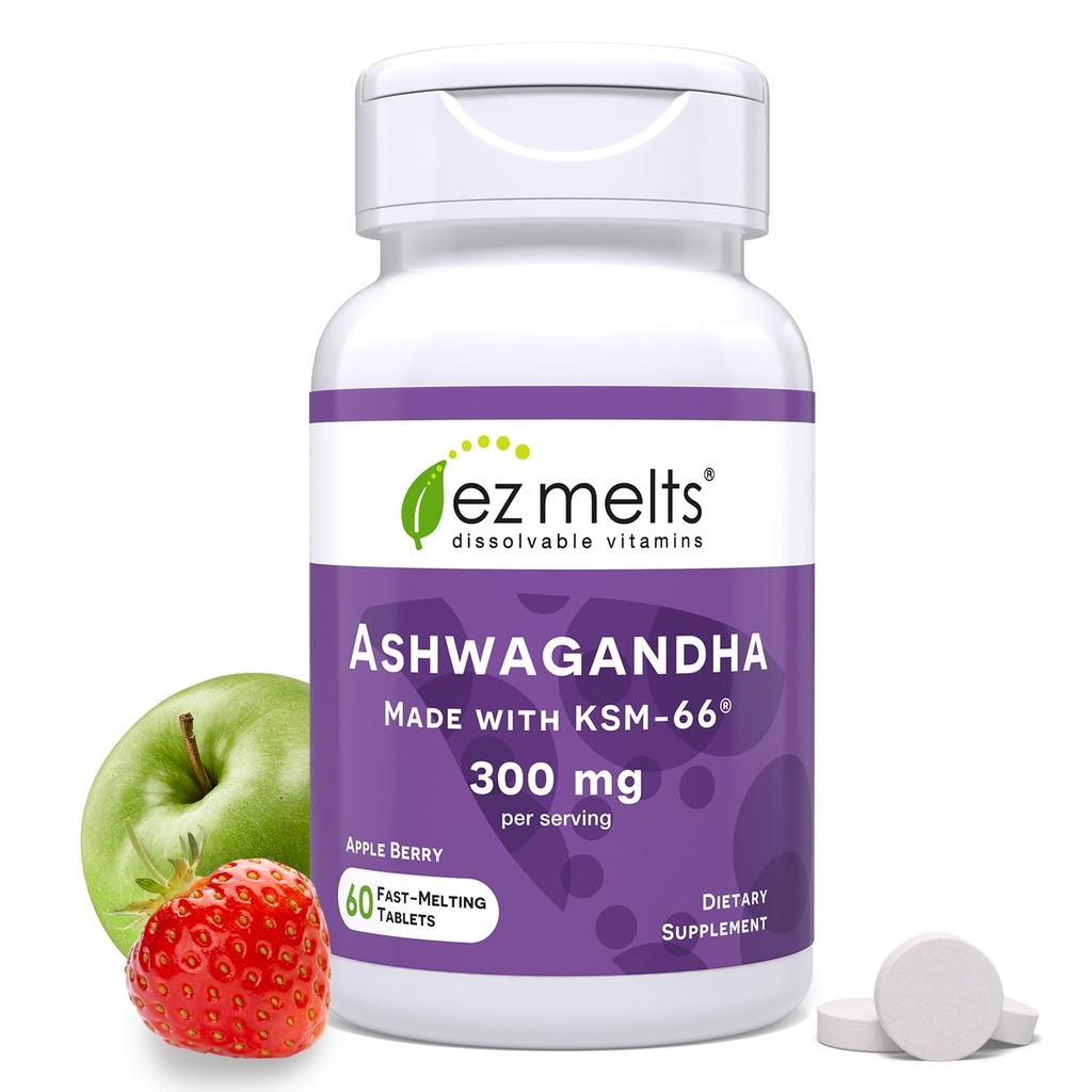 EZ Melts Dissolvable KSM-66 Ashwagandha, 300 mg, Sugar-Free, Stress, Slaap en Mood Support Supplement, 30-Day Supply, Apple Berry-Flavor - 1 Pack