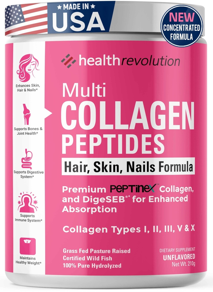 Multicollagen Proteïnepoeder, Type I, II, III, V, X - 5 Gehydrolyseerde collagen Peptiden, Huid, Haar, Nagels & gewrichten, Triple Geraffineerd voor gemakkelijk mengen, 99% Absorptiesnelheid, Niet-GMO, Glutenvrij, Ongearomatiseerd
