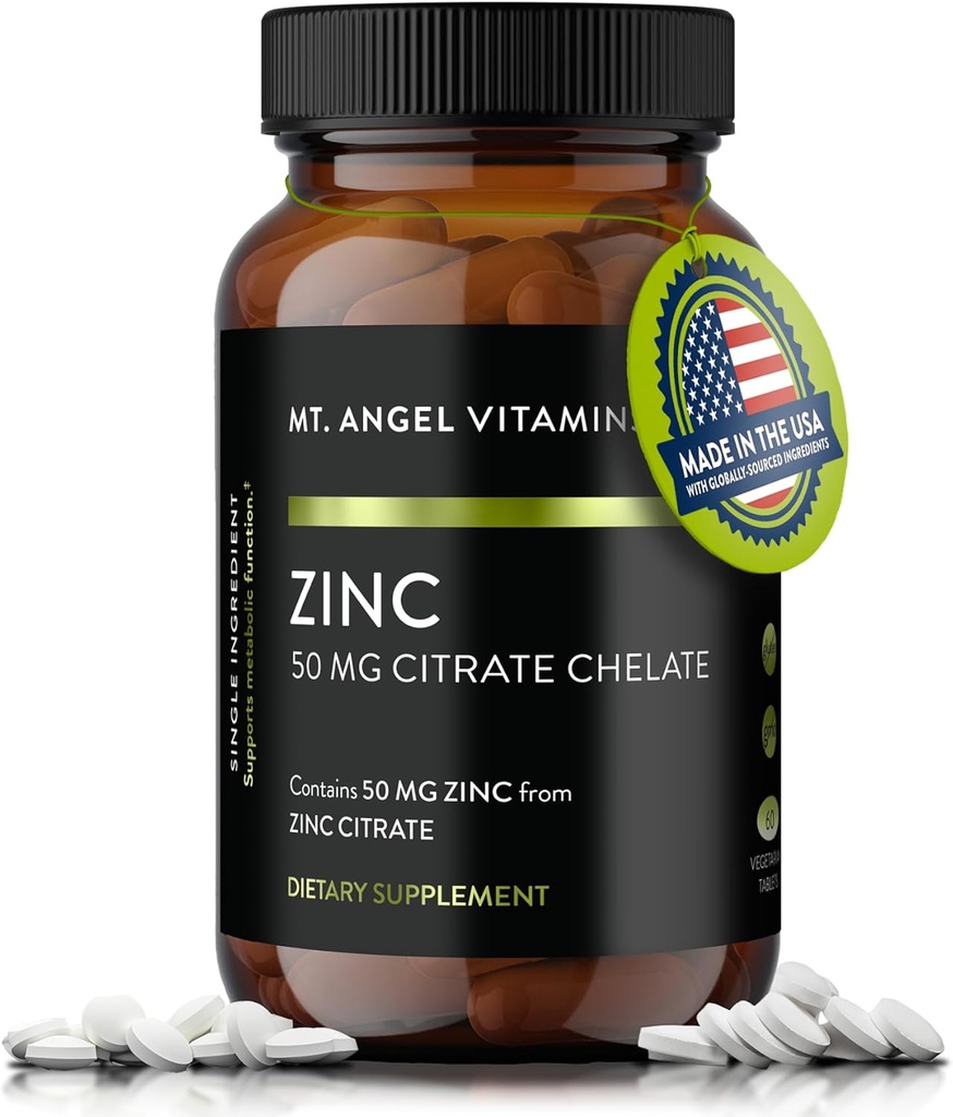Mt. Angel Vitamines - Zink Citroen 50mg - Zink 50 mg Citroen chelaat - Natuurlijke Zink Supplementen Made in USA - 60 Vegetarische Tablets
