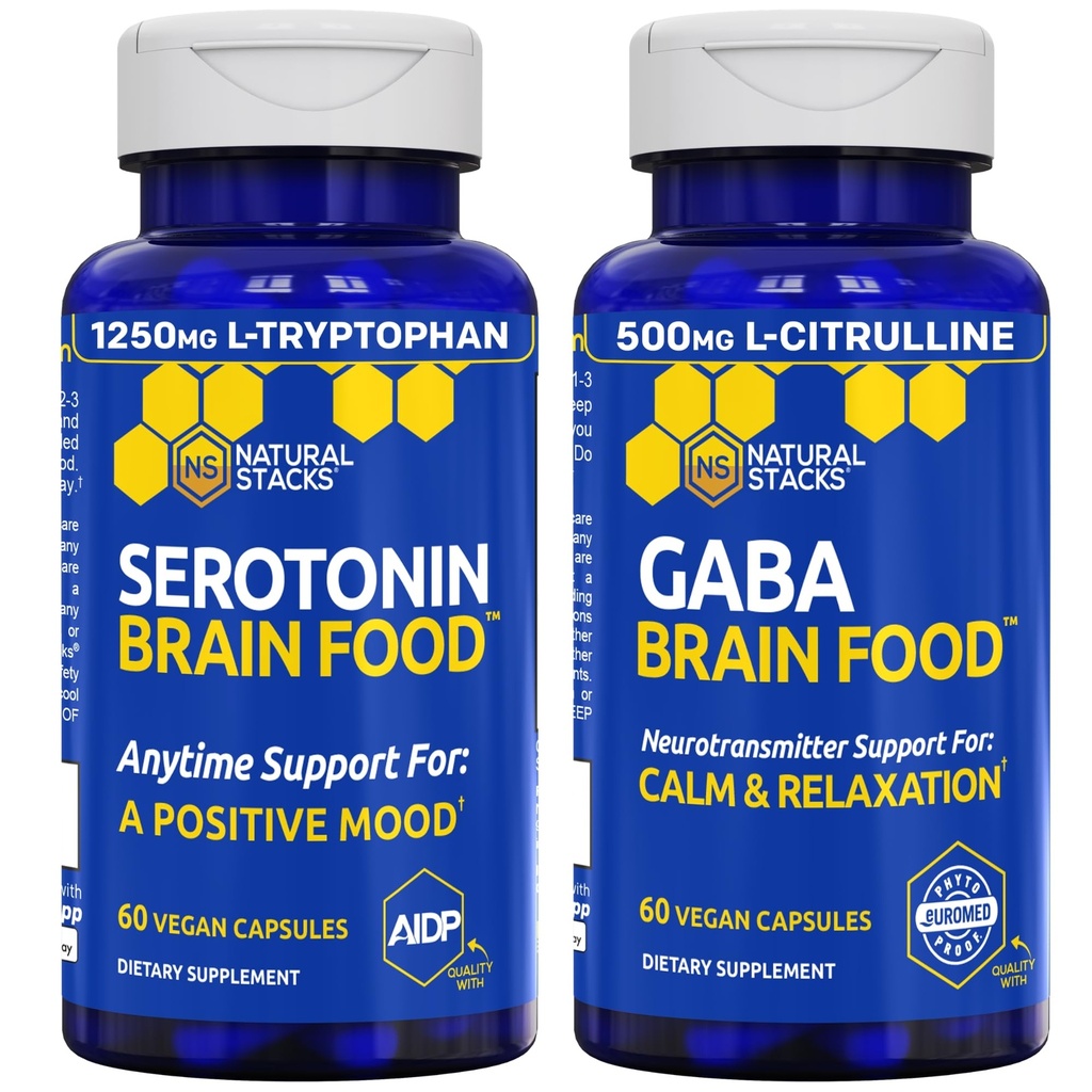 NATUURLIJKE STAKKEN Serotonine & GABA Brain Food Bundle - Ondersteunt een positieve Mood & Calmness* - 120 Totaal Capsules