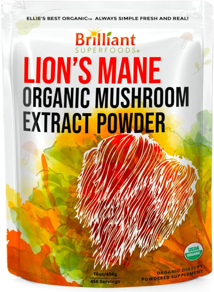 Ellie's Best Lions Mane Biologische Paddestoel Extract Poeder Supplement - Double Extracted for 10X Potency - Pure No Fillers - 16oz - 458 1g Servers...
