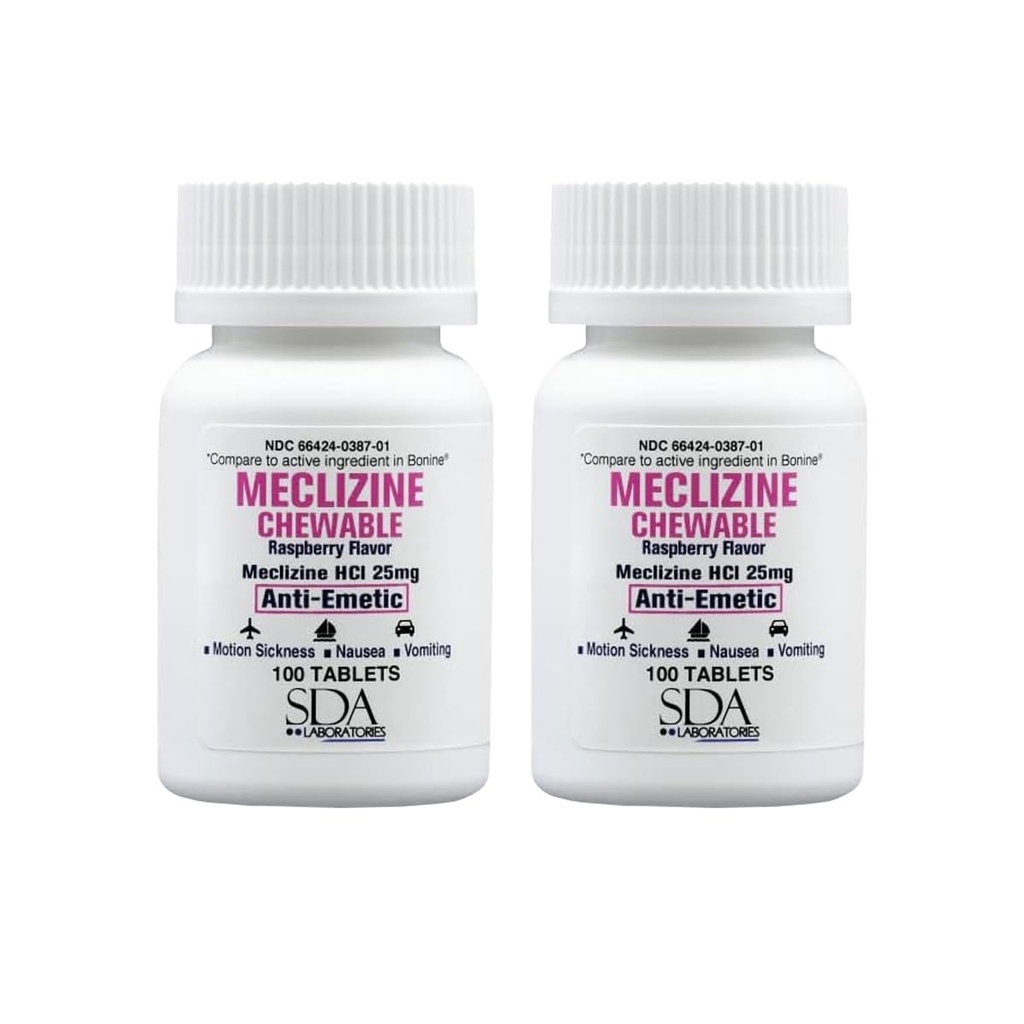 SDA LABORATORIES Meclizine 25mg Kauwtabletten, Anti-Emetic, Raspberry Smaak, Beweging Ziekte & Vertigo Verlichting voor Misselijkheid, Duizeligheid, Braken, Draagbare Reishulp (2 Flessen van 100 Tel)