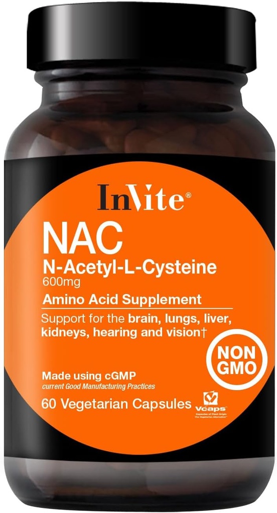 Invite Health N-Acetyl Cysteine (NAC) - Ondersteunt lever en hersenen gezondheid - Supplies The Essential Amino Acid L-Cysteine and a Precursor to The Tripeptide Glutathion - 60 Vegetarische Capsules