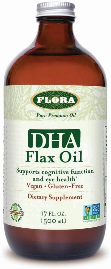 Flora DHA Vlasolie - Ondersteunt de gezondheid van het brein - Bevat Vegan Omega-3-6-9, Glutenvrij, Kosher & Non-GMO - Houd Gekoeld - Glazen Fles - 17 fl. oz.
