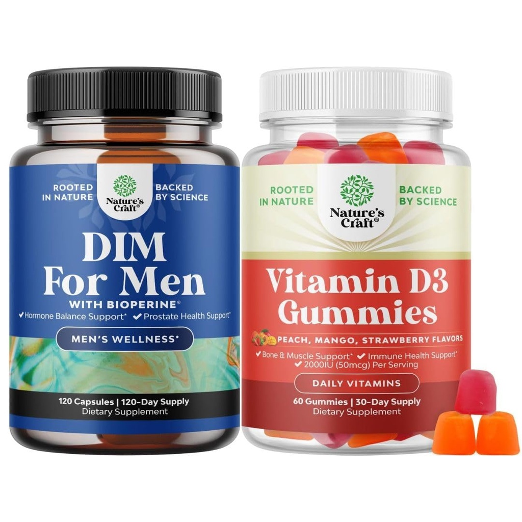 Bundel van geavanceerde diindolylmethaan DIM-supplement voor mannen en vitamine D3 Gummies voor dagelijkse wellness voor botspieren en immuunondersteuning