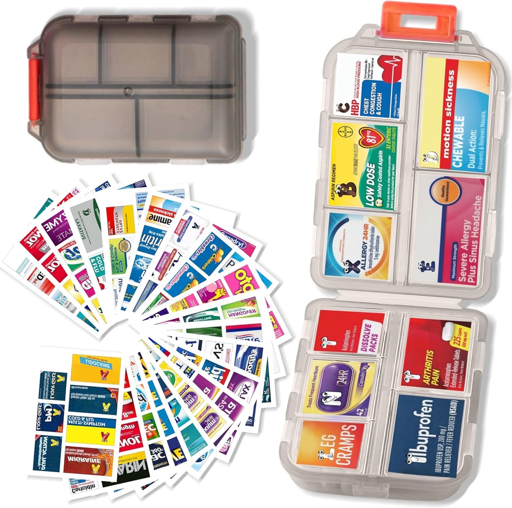 Pillen Organisator met Medicine Labels Travel Daily Pill Container Mini Medication Organizer Storage Pillen Organizer Travel Essentials Pill Case 7 Day (Roze & 161 Lables)