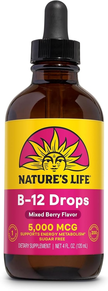 Leven van de natuur B12 Drops 5000 mcg - Vitamine B12 Methylcobalamine - Liquid B12 Supplement voor energie Metabolisme, zenuwfunctie en rode bloedcel ondersteuning Natuurlijke gemengde bes, suikervrij (200 Serv, 4oz)