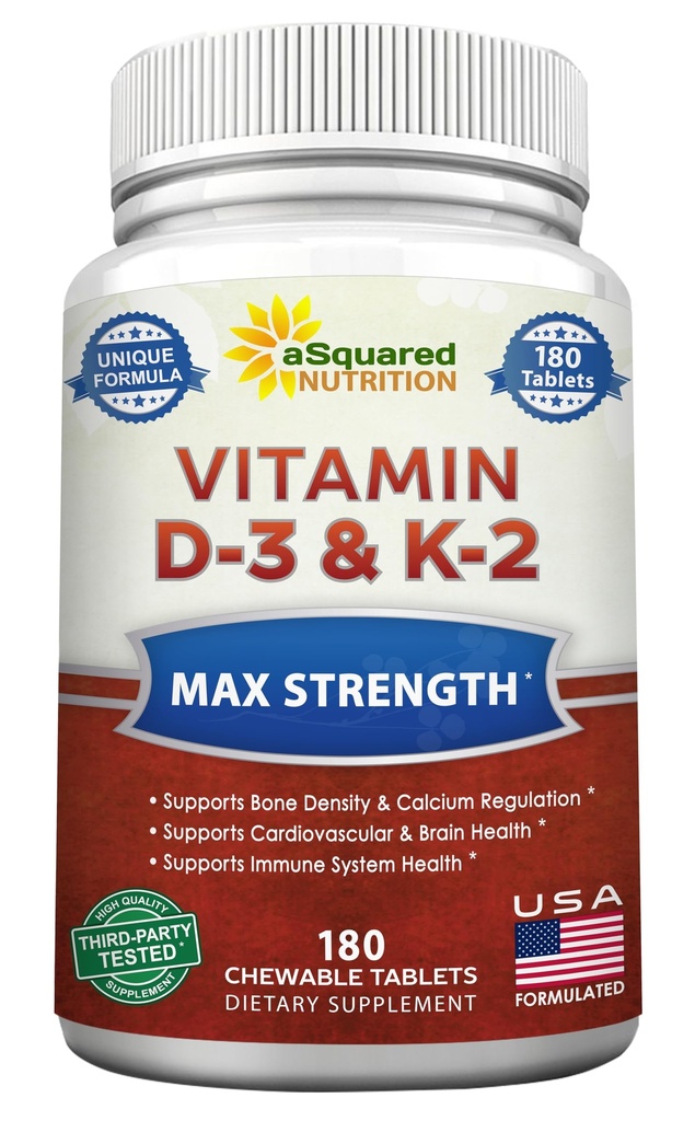 aSquared Nutrition Vitamine D3 met K2 Supplement-180 Kauwtabletten, max sterkte D-3 Cholecalciferol & K-2 MK7 ter ondersteuning van gezonde botten, tanden, hart -Antioxidant D3 & K2 MK-7 energieformule Volwassenen