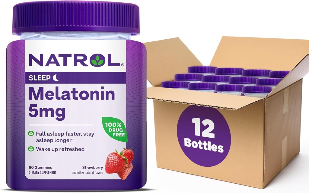 Natrol 5mg Gummées de mélatonine, Soutien au sommeil pour les adultes, Suppléments de mélatonine pour dormir, 60 Gummées aromatisées aux fraises, 30 jours d'approvisionnement (paquet de 12)
