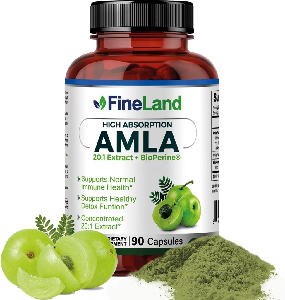 FineLand Amla (Indian Gooseberry) 20X Full Spectrum Extract 30.600mg Equivalent per portie met BioPerine® voor absorptie, rijk aan natuurlijke vitamine C, Immuun & Digestieve ondersteuning, 90 Vegan Capsules