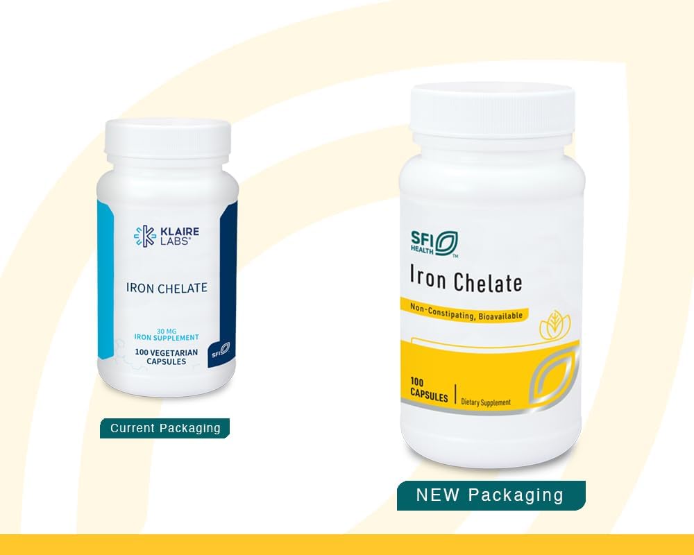 Klaire Labs SFI Health Iron Bisglycinate Chelate Supplement - 30mg Ferrous Bisglycinate Chelate - Ontworpen om goed getoleerd, goed geassorteerd en zacht op maag - hypoallergeen (100 capsules)