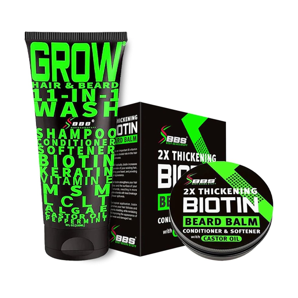 Kit de croissance de la barbe avec 2X Baume de la barbe de biotine épaississant pour les hommes et la cire de moustache + GROW 11-en-1 Shampooing et conditionneur pour hommes (Shampooing de croissance de l'air pour les hommes avec/Biotine) - Formulé en Amérique
