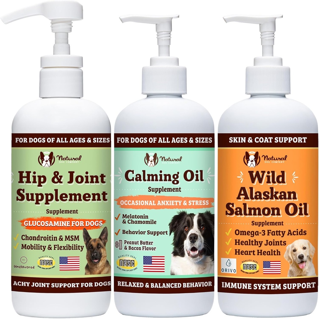 Natural Dog Company Wellness Bundle Food Oil Toppers Inclusief (1) Wild Alaska Salmon Oil, (1) Liquid Glucosamine, (1) Calming Oil