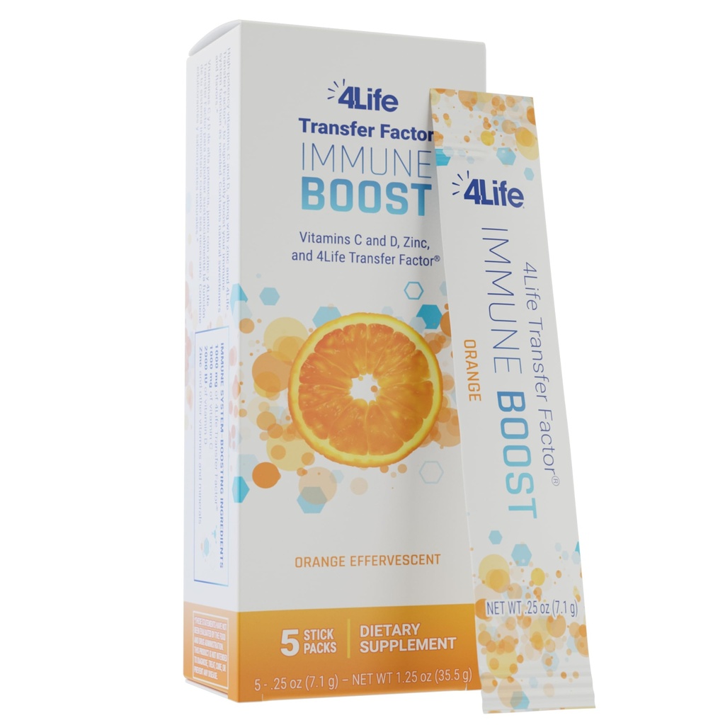 4Life Transfer Factor Immune Boost Orange Drink Mix, 5 Stick Packs | Vitamin C, Vitamin D, Zinc, Electrolytes, Orange flavor, Hydration, Immune support, Portable single serve packets