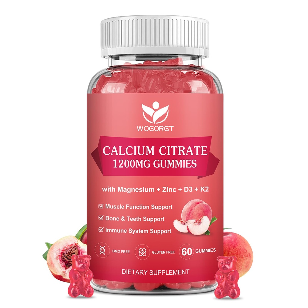 Calcium citraat 1200mg Gummies met vitamine D3 K2 - Kauwbaar Calcium Magnesium Zink d3 Supplement met Sea Moss Extract voor bot, tanden, Immune Ondersteuning voor vrouwen & mannen, White Peach Flavor - 60 Gummies