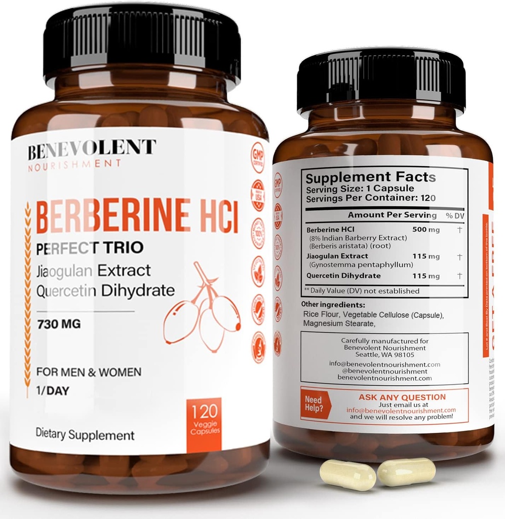 Premium Berberine HCL 730mg - 120 VCAPS Perfect Trio Complex met Non-GMO Jiaogulan & Quercetine