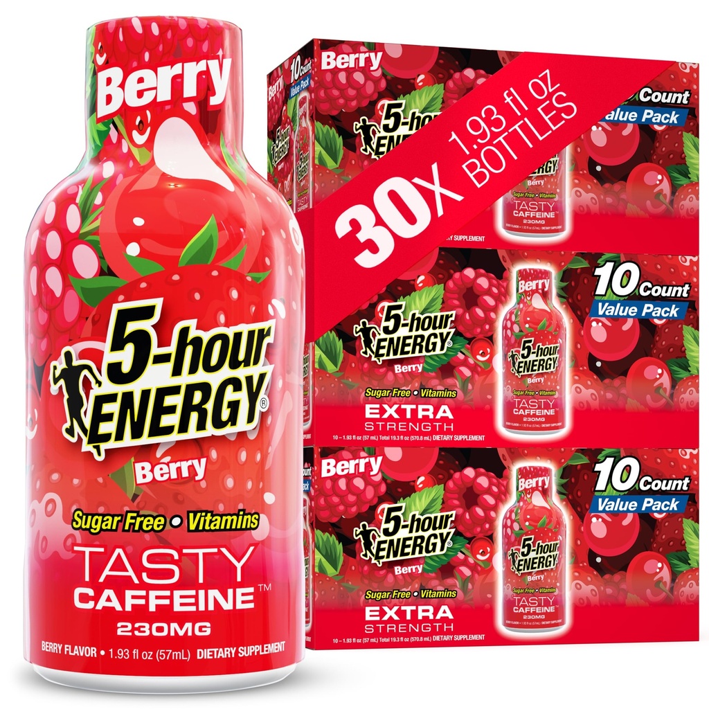 5-uurs ENERGIE Shots Extra sterkte, Berry smaak, 30 Tellen, 1,93 Fl Oz, Suikervrij, Zero Calorieën, Aminozuren en essentiële B Vitaminen, Dieetsupplement, Voel Alert en Energized, 230 mg Cafeïne