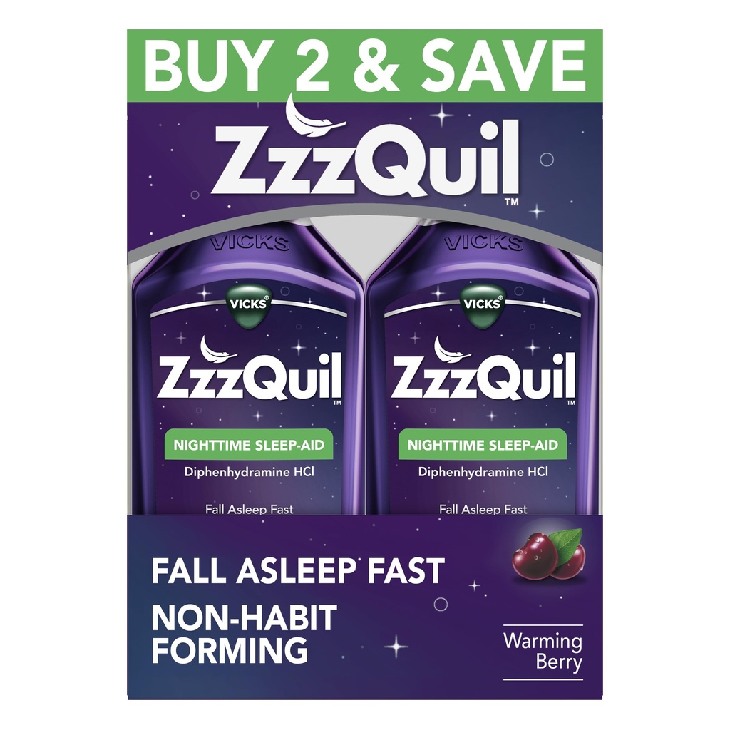 ZzzQuil, slaaphulp, nacht slaaphulp vloeistof, 50 mg difenhydramine HCl, vallen slaap snel, niet-habit vormen, opwarmen Berry smaak, 12 FL OZ (pakket van 2)