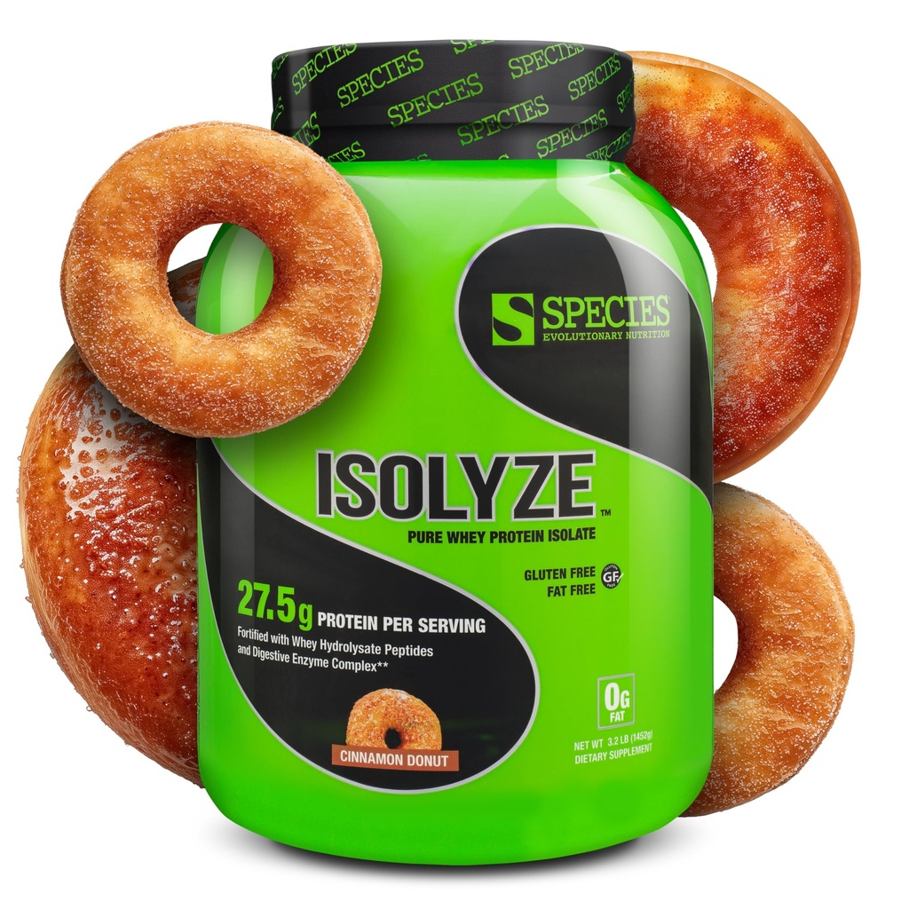 Espèce Nutrition Isolyze Poudre de protéines de lactosérum, 100 % d'isolat de lactosérum pour la musculation, 27,5 g de protéines par scoop, pas de sucre et faible en gras (Donut de cannelle, 44 portions)