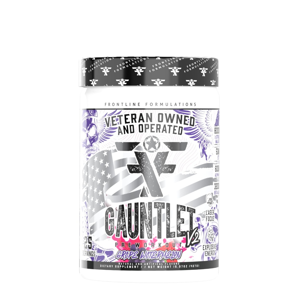 Poudre de pré-entraînement Gauntlet, séances d'entraînement explosives, focalisation laser, mi-stim, amazing flavor, vétéran possédé et exploité (25 portions, pastèque de raisin)