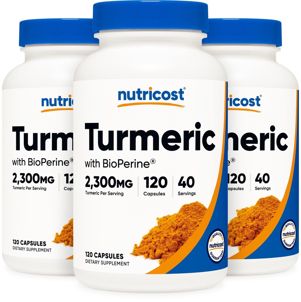 Nutricost Kurkuma Curcumine Pillen (3 verpakkingen) met BioPerine en 95% Curcuminoïden, 2300 mg, 120 capsules, Veggie Capsules, 767 mg per cap, 40 porties, Glutenvrij, Non-GMO