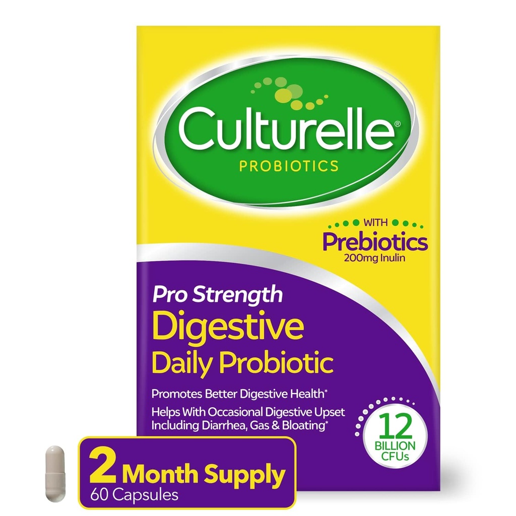 Culturelle Pro Strength Dagelijkse Probiotica voor de spijsverteringsgezondheid (2 maanden supply) met prebiotica voor vrouwen en mannen, Ondersteunt Occasional diarree, Gas & Bloating, Gluten & Sojavrij, 60 Tel.