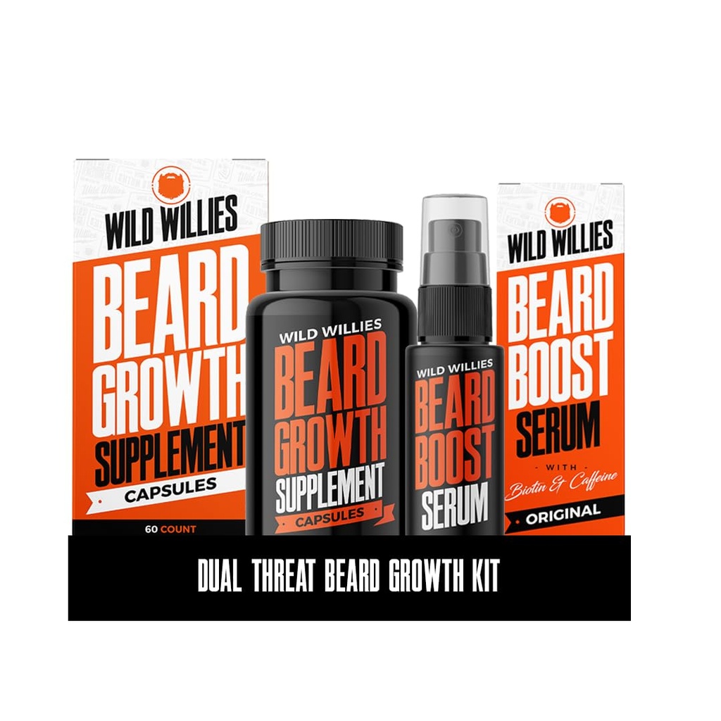 Wild Willies Beard Growth Kit - Capsules & Boost Serum - Natuurlijke groei olie met Biotine & Cafeïne - Vitaminen voor Fuller, Thicker Baard - 60 Capsules - voor mannen