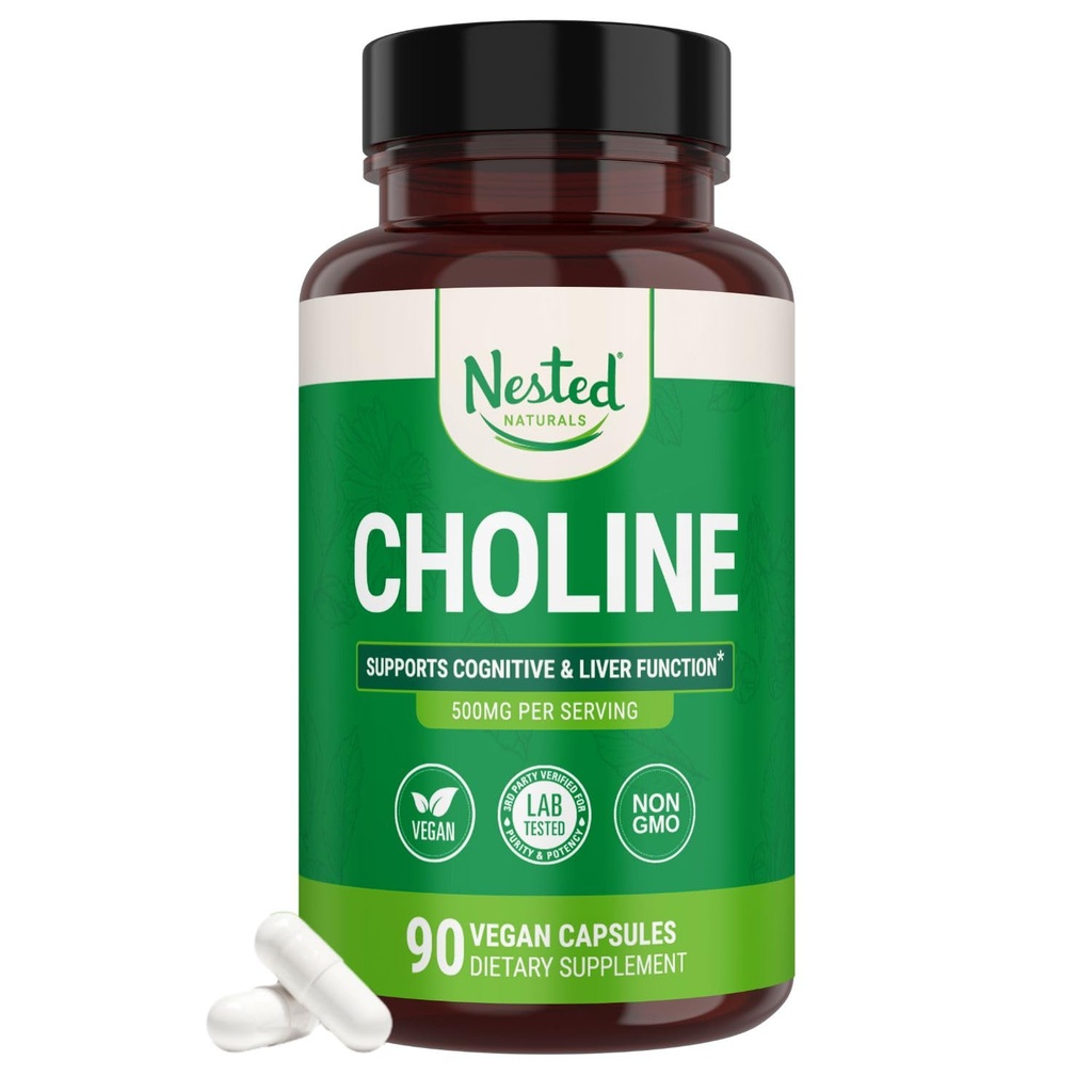 Nested Naturals Choline Bitrartrate 500mg - High Potency Choline Supplementen - Ondersteunt cognitieve prestaties en leverfunctie - 100% Vegan & Non-GMO Choline - 90 Vegan Capsules