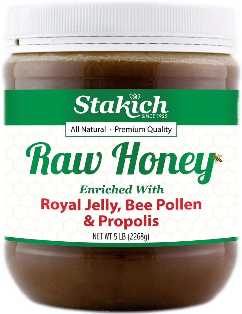 Stakich Royal Jelly, Bee Pollen, Propolis Miel cru enrichi - Pure, non traité, non chauffé - 5 livres (80 once)