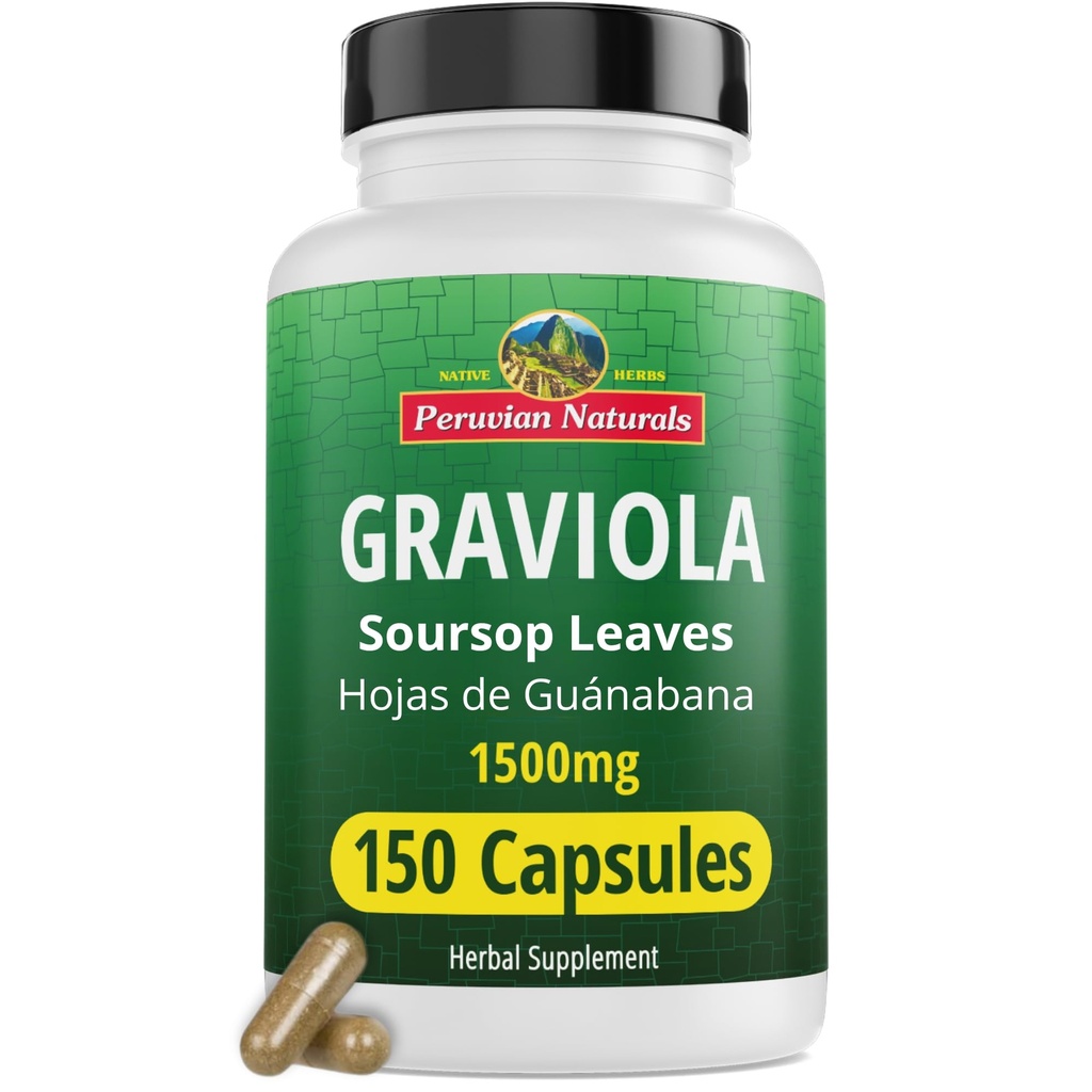 Péruvien Naturals Graviola Soursop Capsules 150 Compte - Extrait de Soursop Premium de Hojas de Guanabana - Non-OGM, végétalien, sans gluten 1500 mg de supplément à base de plantes