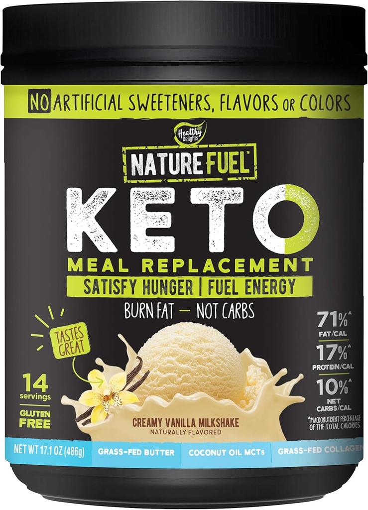 Nature Fuel Keto Meal Vervangingspoeder - Glutenvrij met Kokosolie MCT's en Grass-Fed Boter - Romige Vanille Milkshake - 14 porties - Pantry vriendelijk, 17,1 Fl Oz
