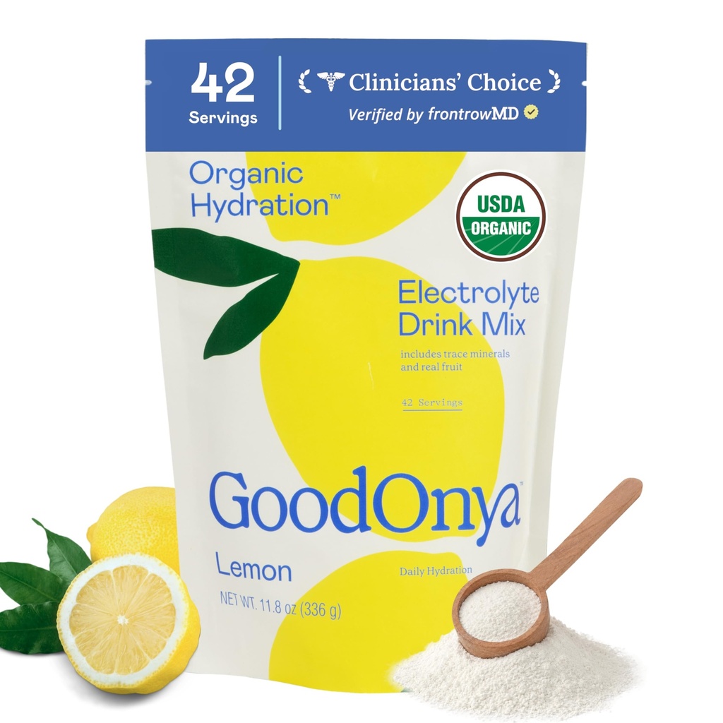 GoodOnya Organic Hydration Electrolyte Drink Mix, Certified Organic Hydration Powder, Non-GMO, Biochecked Glyphosate Free, Low Sugar, Lemonade Flavor, No Artificial Flavors, 42 Servings