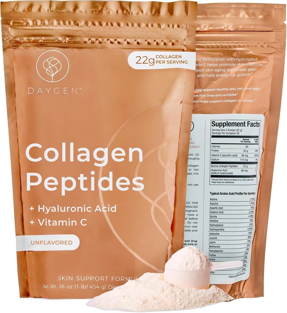 Collageen Peptides Poeder met Hyaluronzuur en vitamine C, Gehydrolyseerde Collageen Poeder, Huid, Haar, en Nails Ondersteuning, Grass-Fed Collageen voor vrouwen en mannen, Natuurlijk Bron, Unflavored 16oz