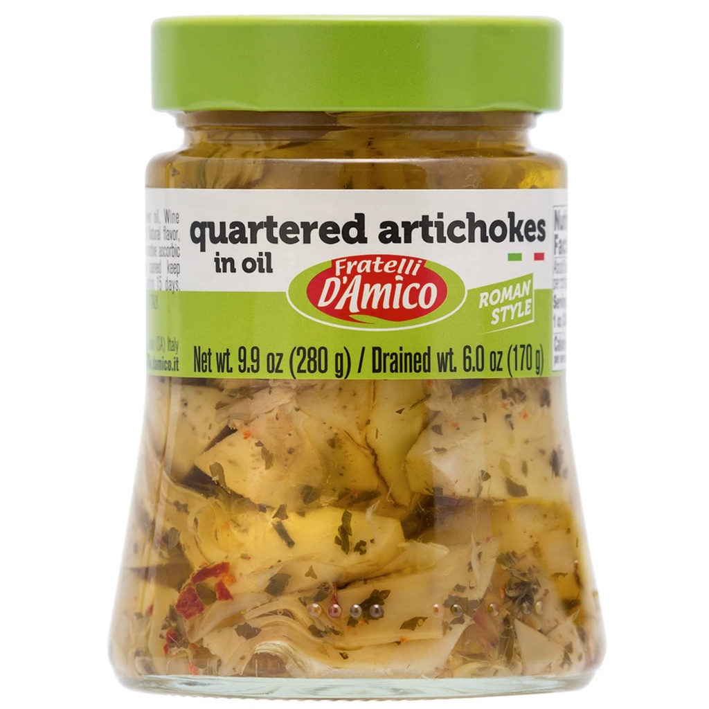 FRATELLI D'AMICO - Quartered Artichokes In Oil "Romeinse Style," Premium Quality, Chef Selection, 9.9 oz (280 g), Antipasto, Seizoengebonden, Carciofi, Product van Italië