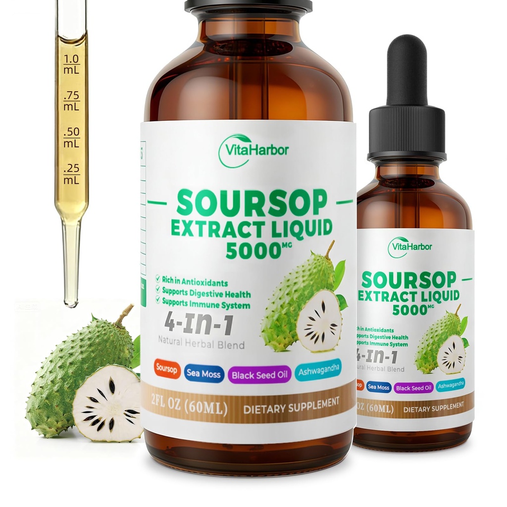 4-in-1 Soursop Bitters Liquid, Soursop Oil with Sea Moss & Black Seed Oil & Ashwagandha, for Immune & Digestief & Cell Support, Sugar-Free 