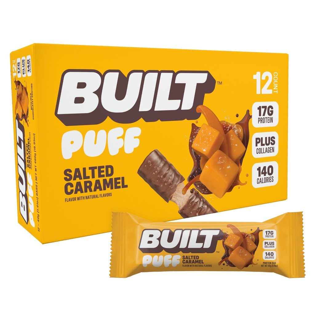 Built Bar, Puff Protein Bars, Salted Caramel Puff, 17g Protein Snacks, On-The-Go Bars, Slechts 140 Calorieën, 6g Suiker, Collageen, Glutenvrij, 12 Tellen