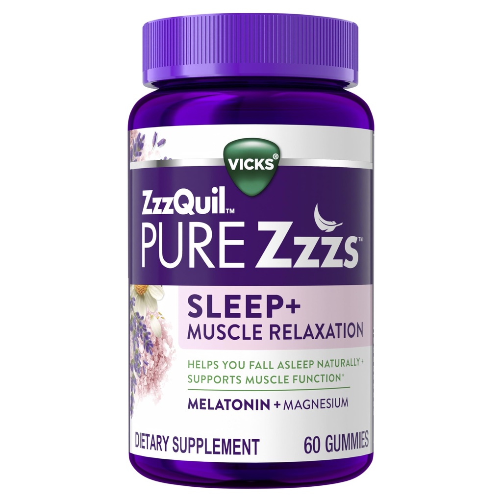 ZzzQuil Pure Zzzs Spierontspanning Melatonine Slaaphulp Gummies, Ondersteunt spierfunctie, Helpt u natuurlijk slapen, snel, Melatonine + Magnesium, Geen Next-Day Grogginess, Drug-vrij, 60ct