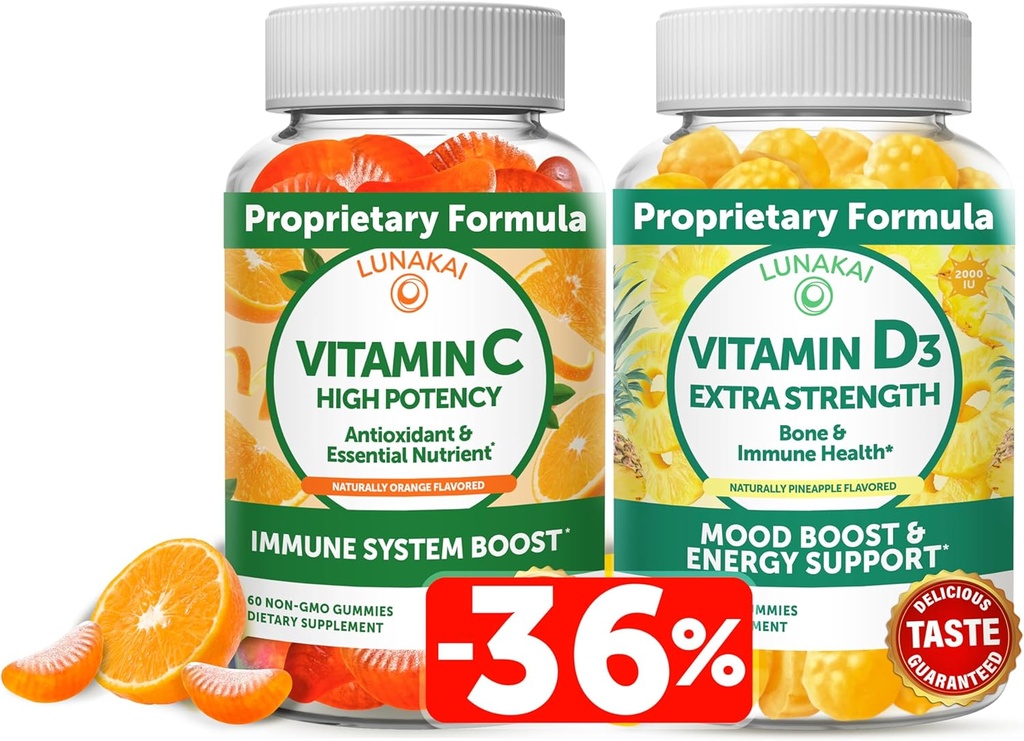 Lunakai Vitamine C en Vitamine D3 Gummies Bundle - 300mg Biologische, Niet-GMO, Vegan Kauwbare Gummy - Immuniteit, Bone en Goed Ondersteuning Supplement voor Volwassenen
