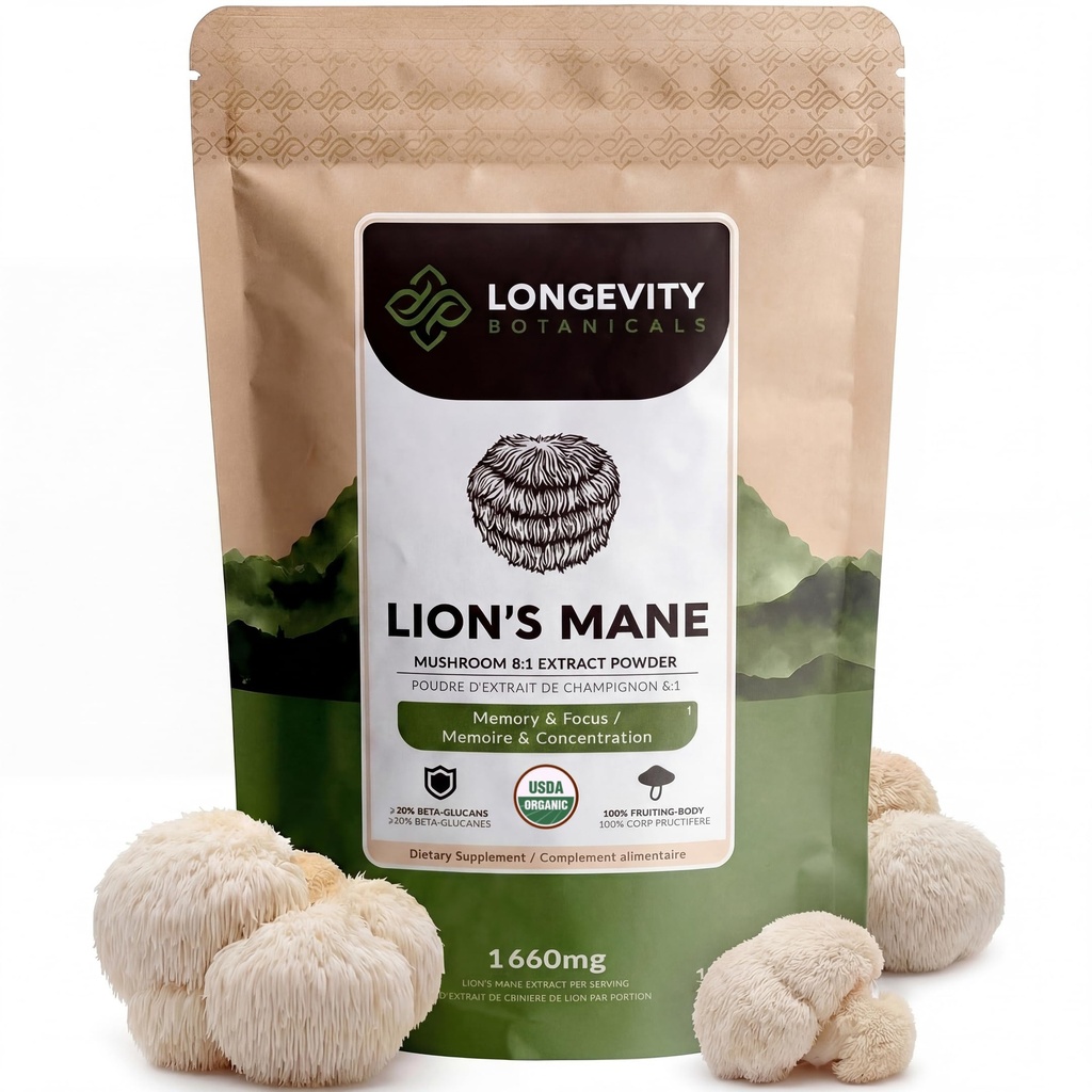 Supplément de champignons en poudre de Lions en poudre 100g de bio Corps de fruits purs 8:1 Extrait de haute résistance 20% Beta-D Glucans 13 280mg Équivalent brut par service