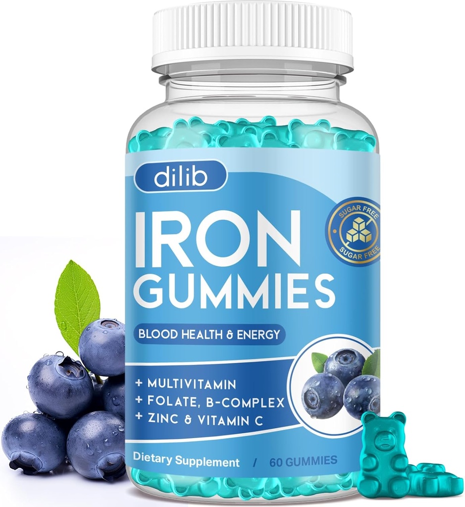 IJzer Gummies met Multivitamine, IJzer Supplement voor vrouwen en mannen met zink, vitamine B Complex & C, B12, Folaat - Blood Builder & Energy Ondersteuning voor volwassenen en kinderen - Blueberry Flavor, Vegan 60 Gummies