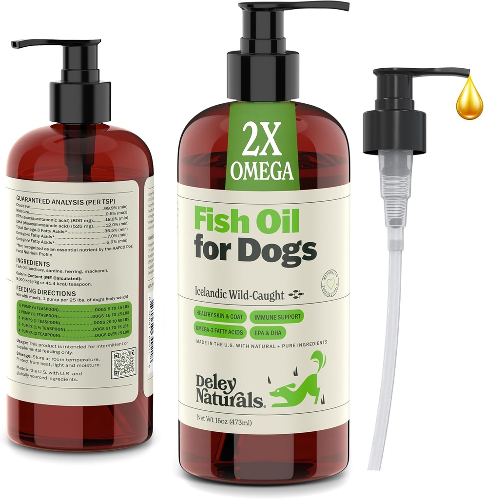 Deley Naturals Hondenvisolie IJslands 2X Omega - Honden jeuken huidreliëf met Omega 3 6 9 voor Allergieën, Coat & Heart - Omega 3 Visolie voor honden Huid irritatie - 16oz Omega Olie voor honden Made in USA