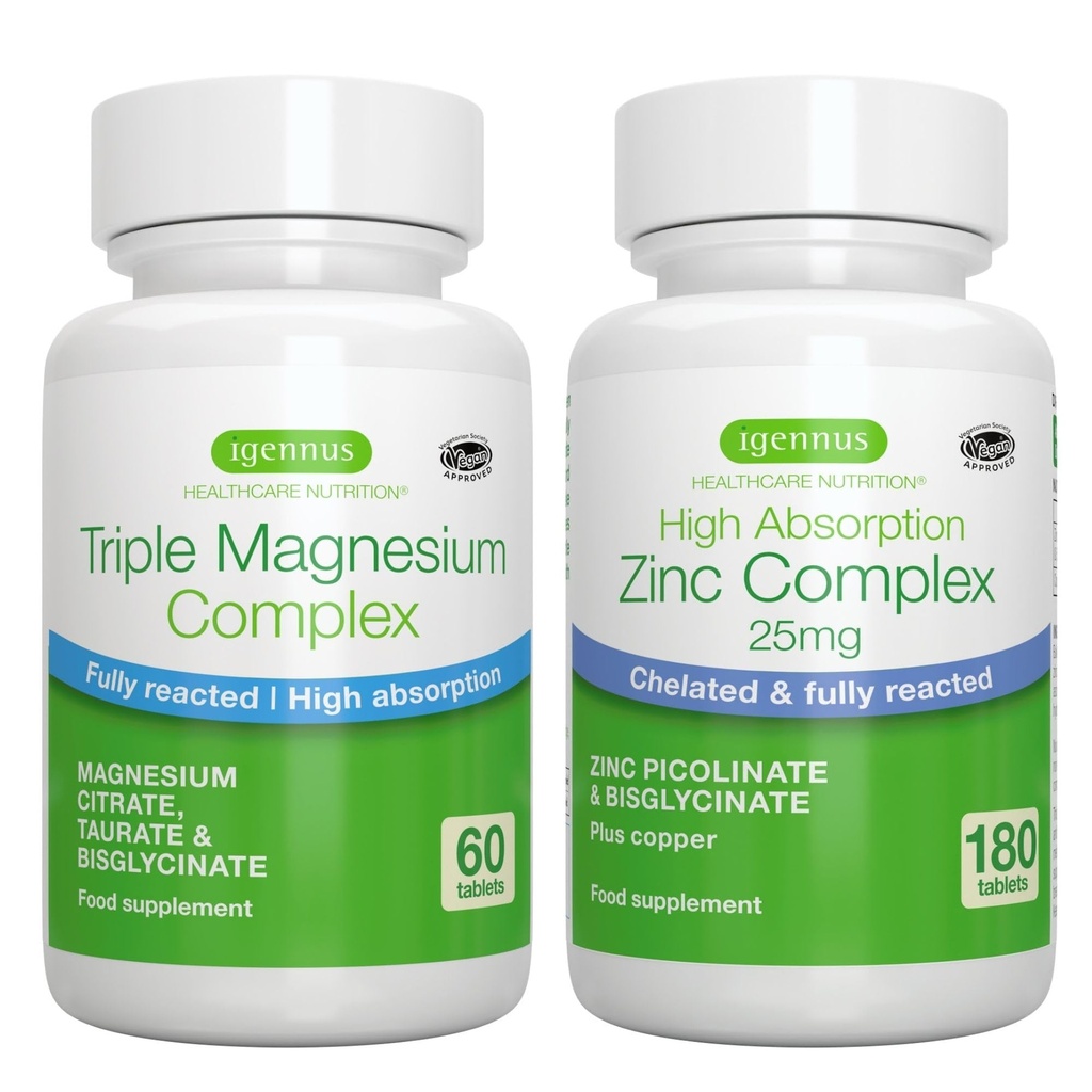 Triple Magnesium Complex + Zink Complex Vegan Bundle, Hoge Absorptie Gecheleerd Magnesium + 25mg Gecheld Zink Picolinaat & Bisglycinaat met Koper, door Igennus