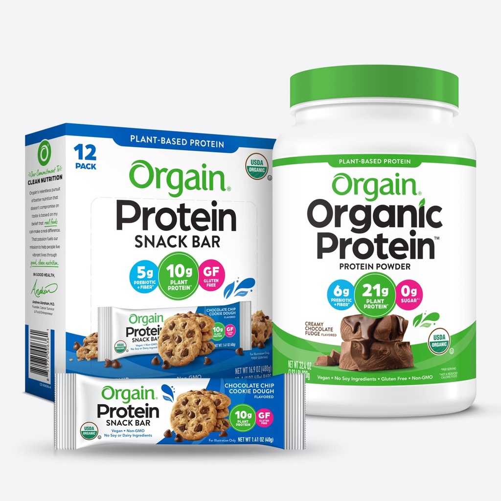 Orgain Organic Vegan Protein Powder and Protein Bars Bundle (2.03lb + 12 Telling)